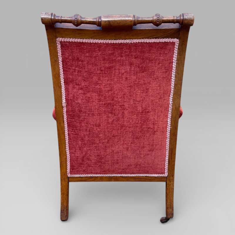 Antique Victorian Pair Of Ladies And Gentlemen’s Red Gothic Revival Oak Chairs - Image 10